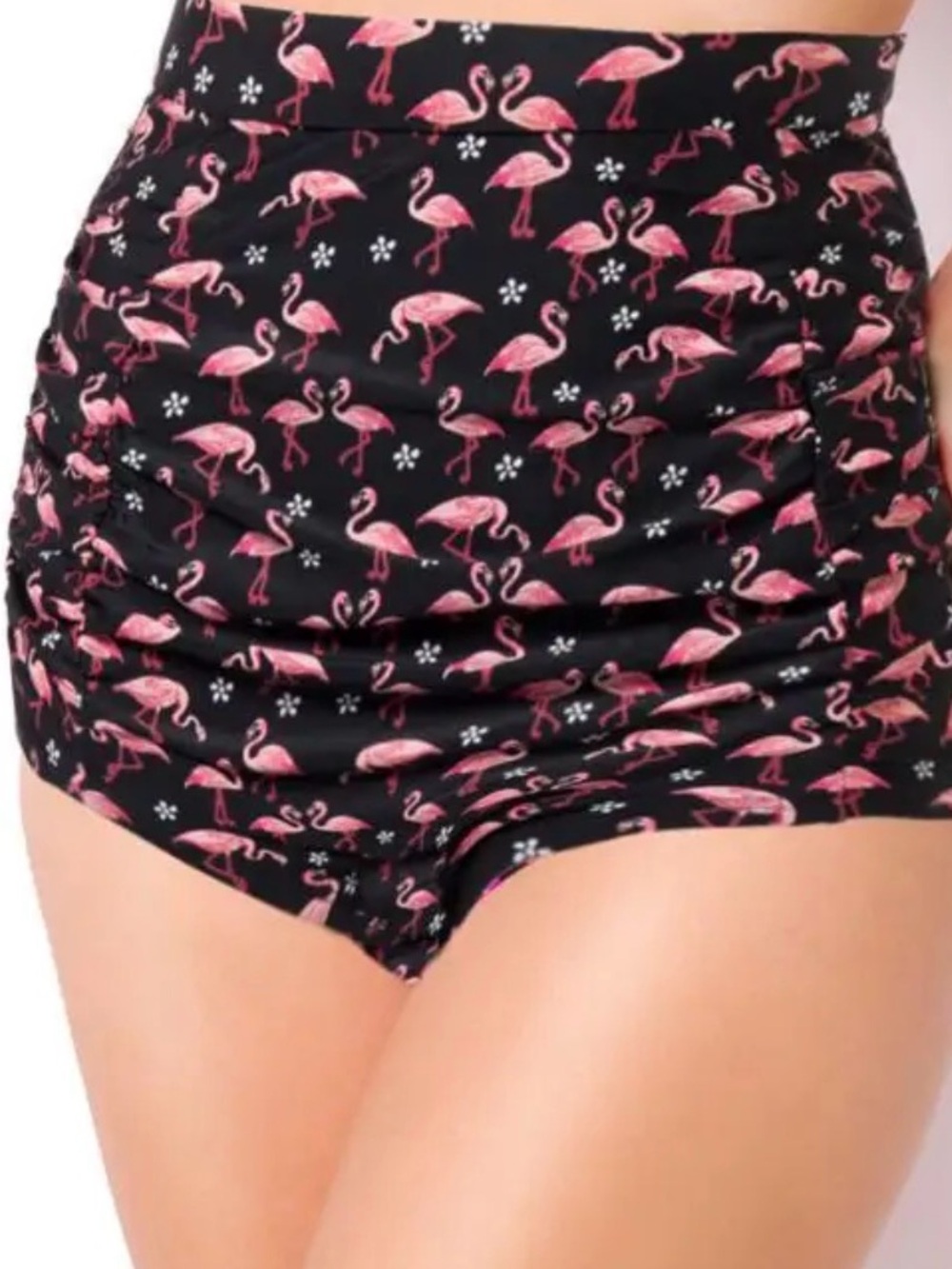 Unique Vintage Black High-Waist Swim Bottoms with Pink Flamingo Print Sz L